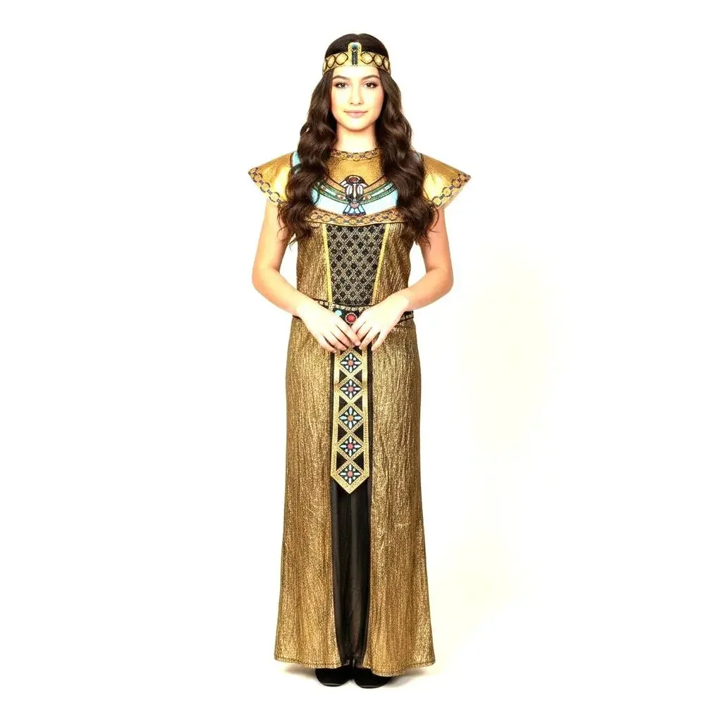 Girls Deluxe Egyptian Queen Cleopatra Costume Dress Gold Blue {10-12]